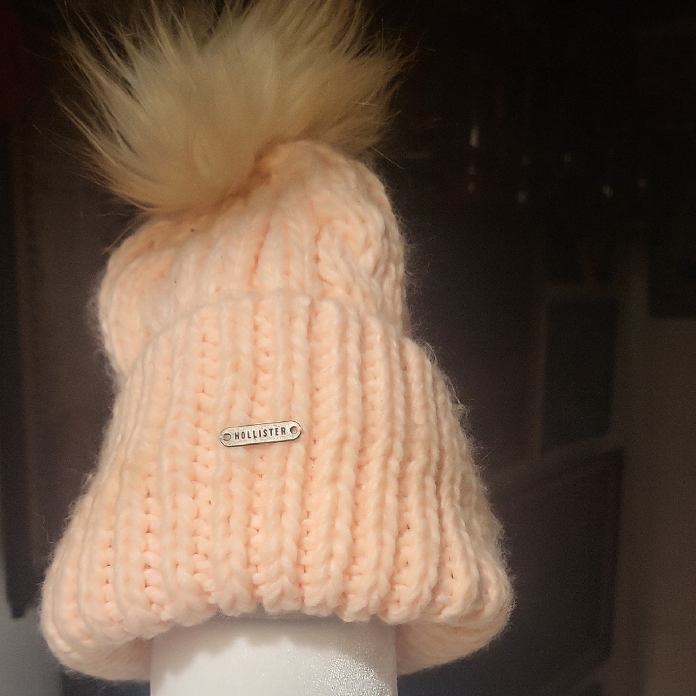 Hollister Light Peach Beanie with Fluffy Pom